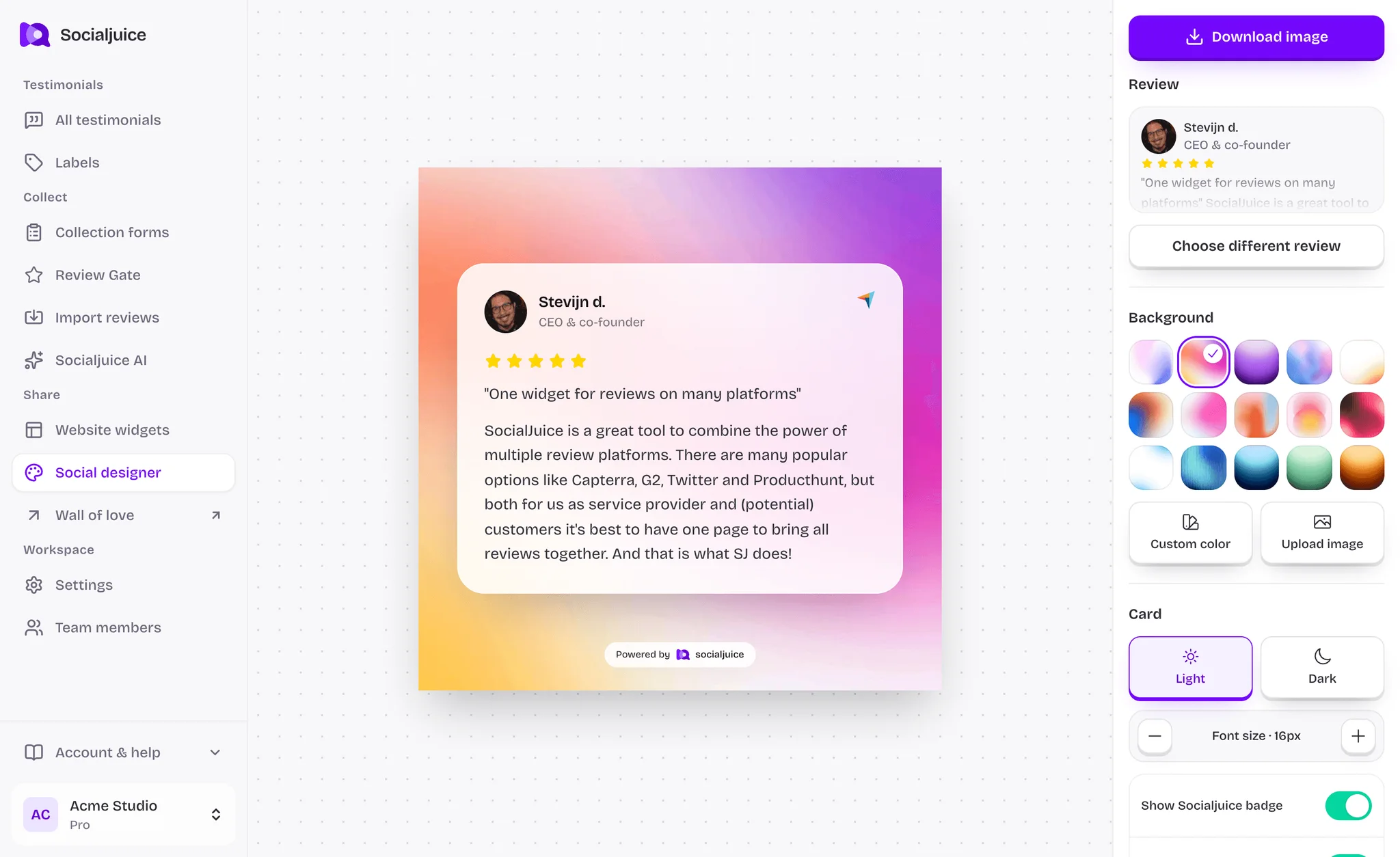 Socialjuice Social Designer trasforma la recensione di un cliente in un post sui social media