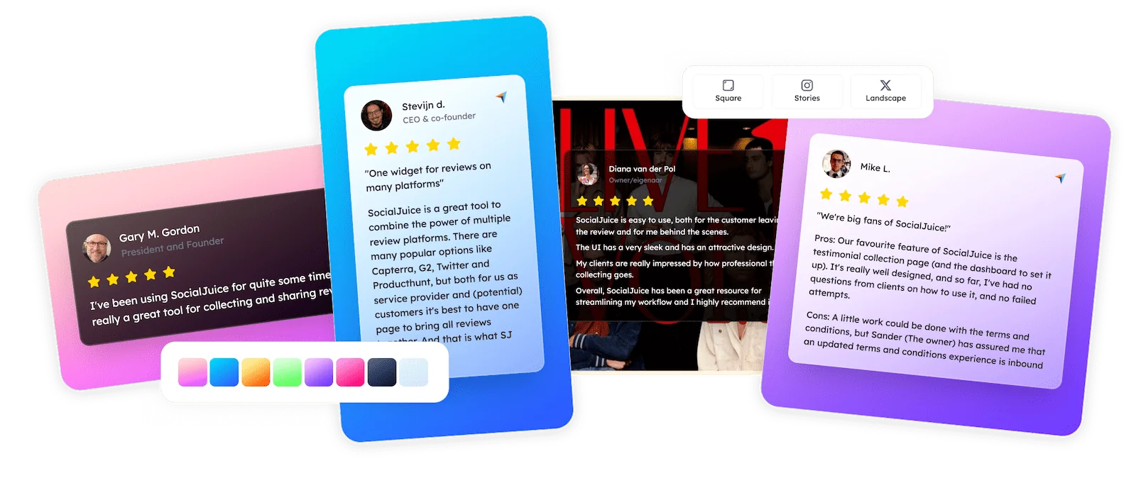 Socialjuice Designer - Create stunning review images for social media. Share your customer feedback on Instagram, Facebook, Twitter, and more.