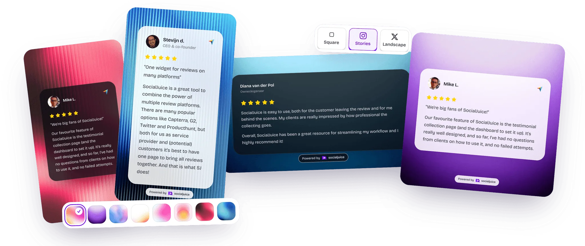 Socialjuice Designer - Create stunning review images for social media. Share your customer feedback on Instagram, Facebook, Twitter, and more.
