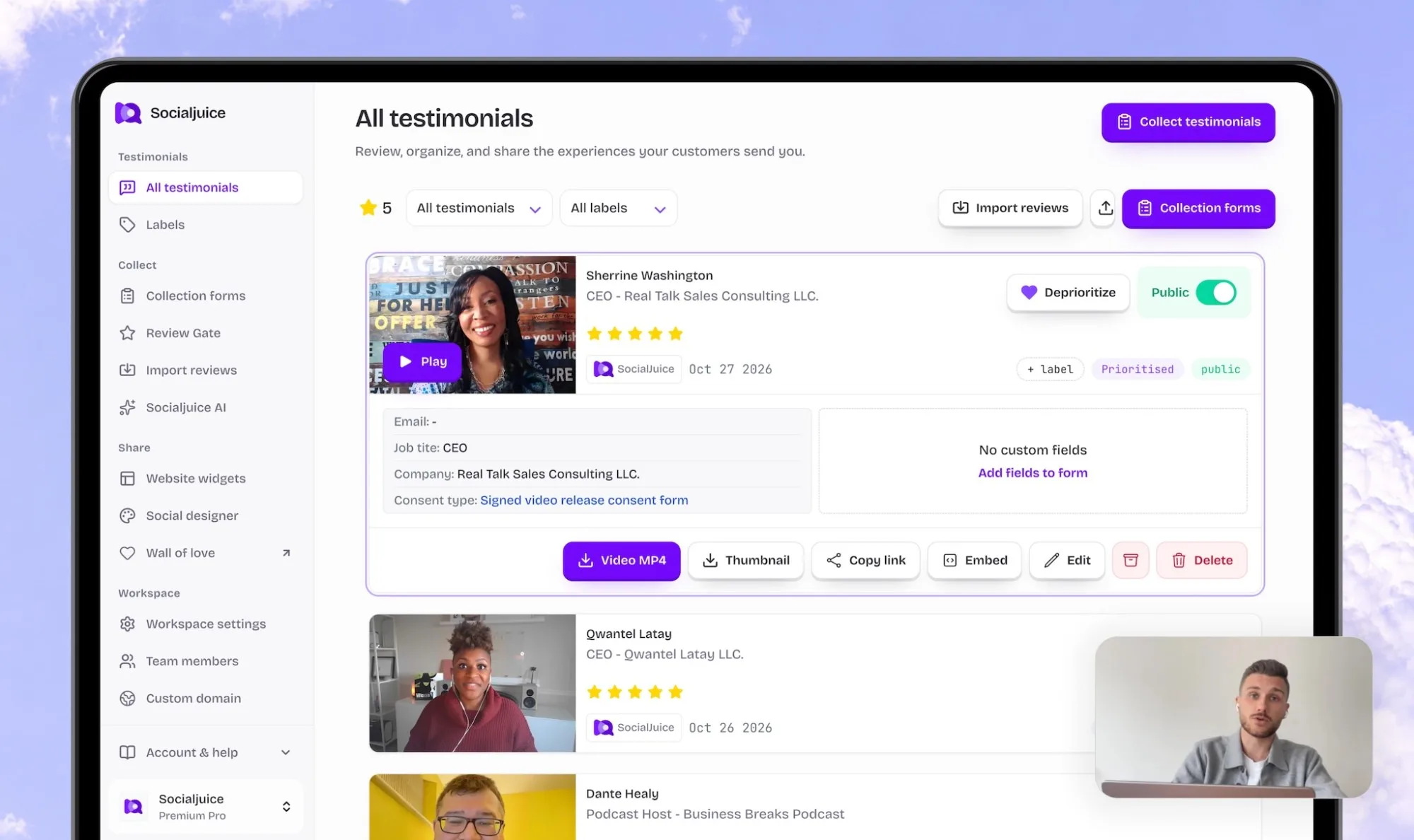 Socialjuice product demo: collect and display customer testimonials