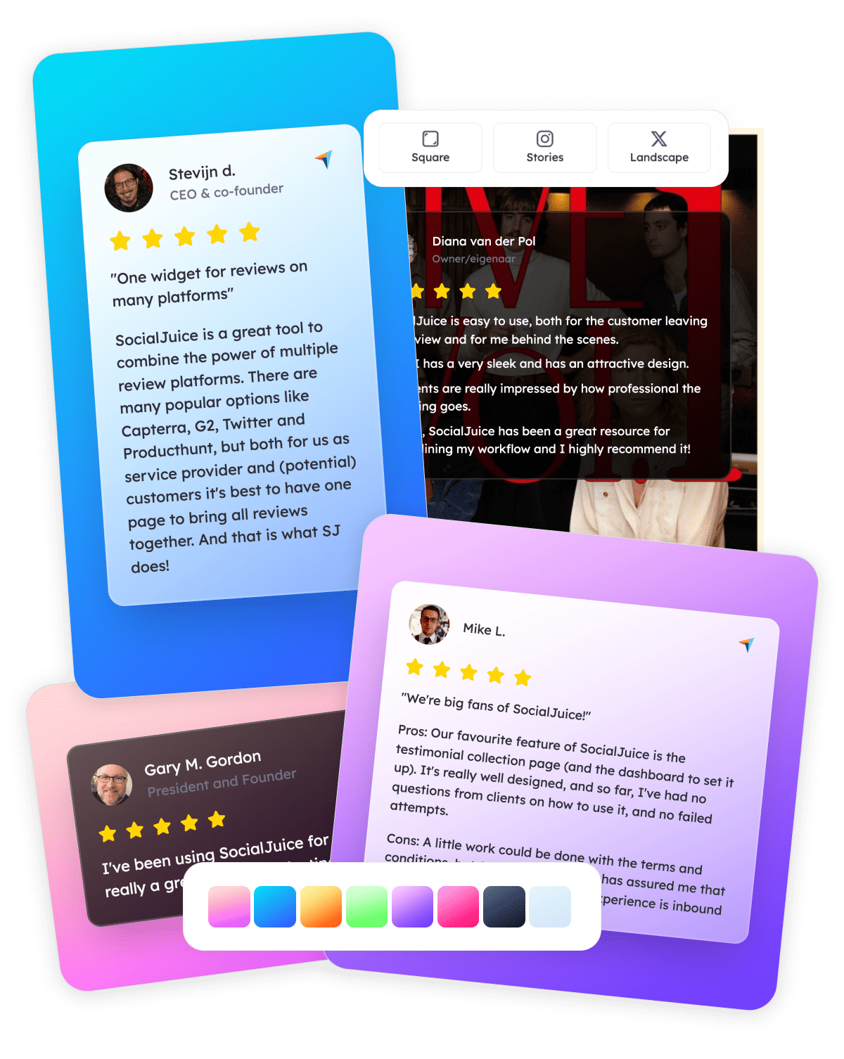 Socialjuice Designer - Create stunning review images for social media. Share your customer feedback on Instagram, Facebook, Twitter, and more.