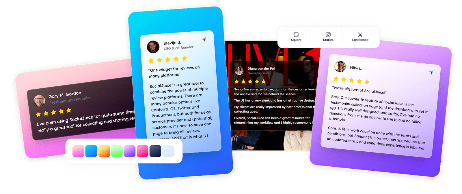 Socialjuice Designer - Create stunning review images for social media. Share your customer feedback on Instagram, Facebook, Twitter, and more.